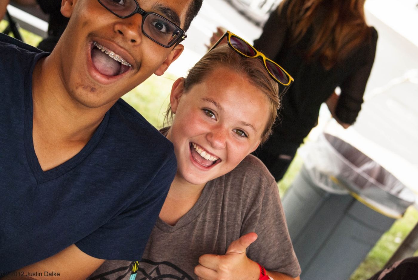 Two friends laughing in 2012