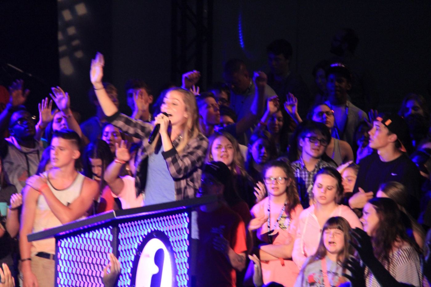 A singer leading from the crowd in 2015